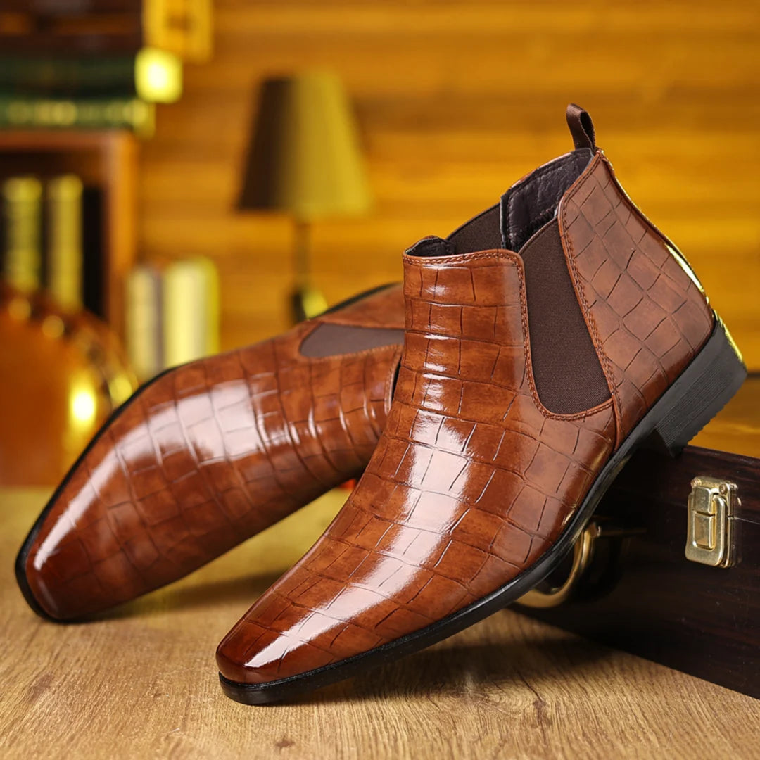 Men's Croc-Embossed Chelsea Boots in Brown