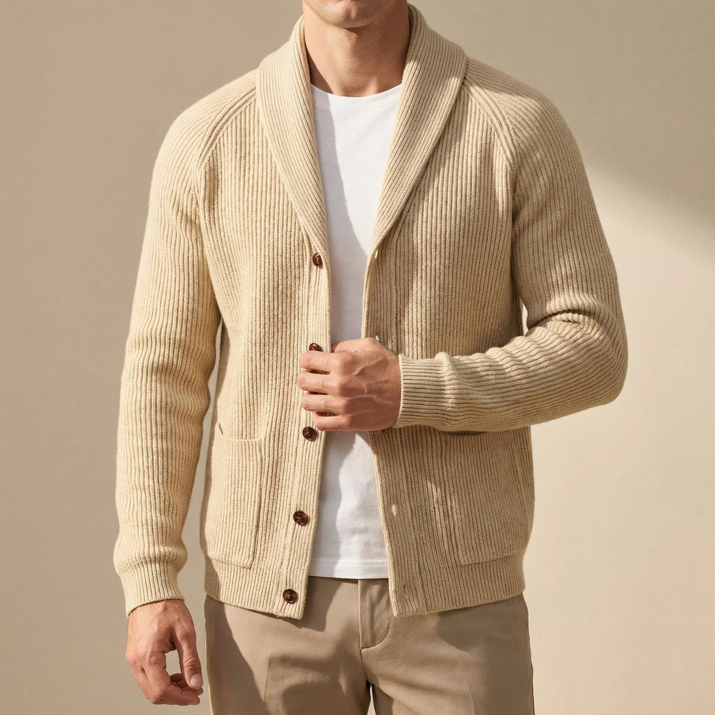 Men's Wool-Blend Shawl-Collar Cardigan in Cream