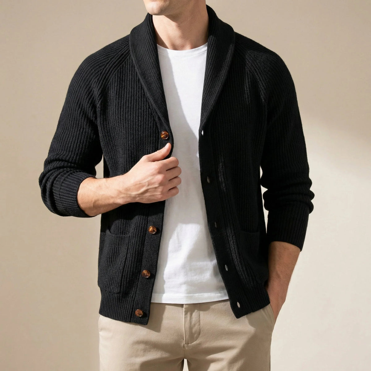 Men's Wool-Blend Shawl-Collar Cardigan in Black