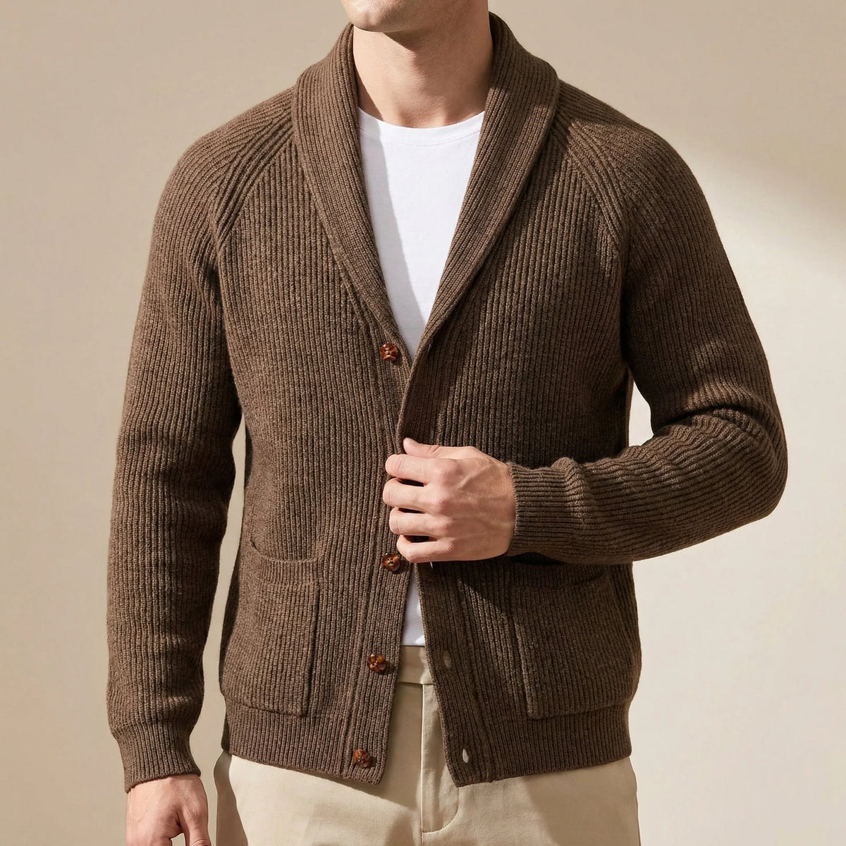 Men's Wool-Blend Shawl-Collar Cardigan in Brown