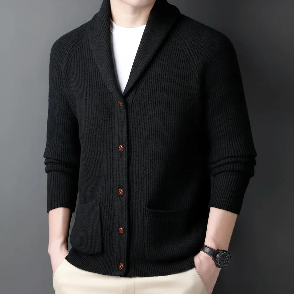 Men's Wool-Blend Shawl-Collar Cardigan – Worn View