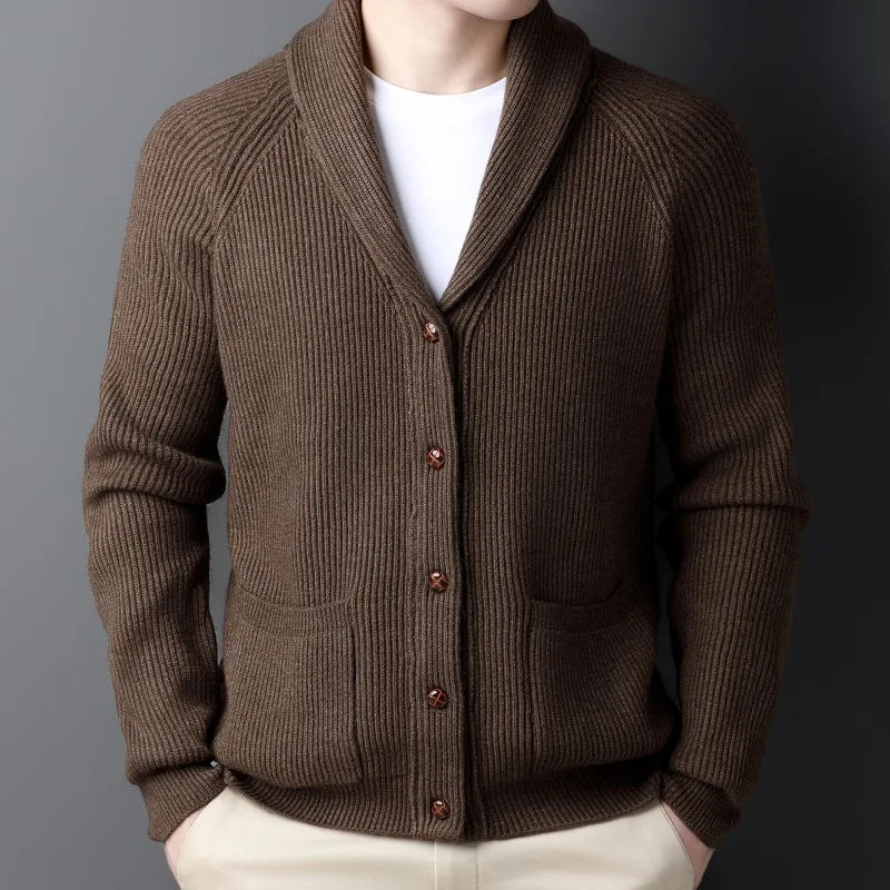 Men's Wool-Blend Shawl-Collar Cardigan – Styled View