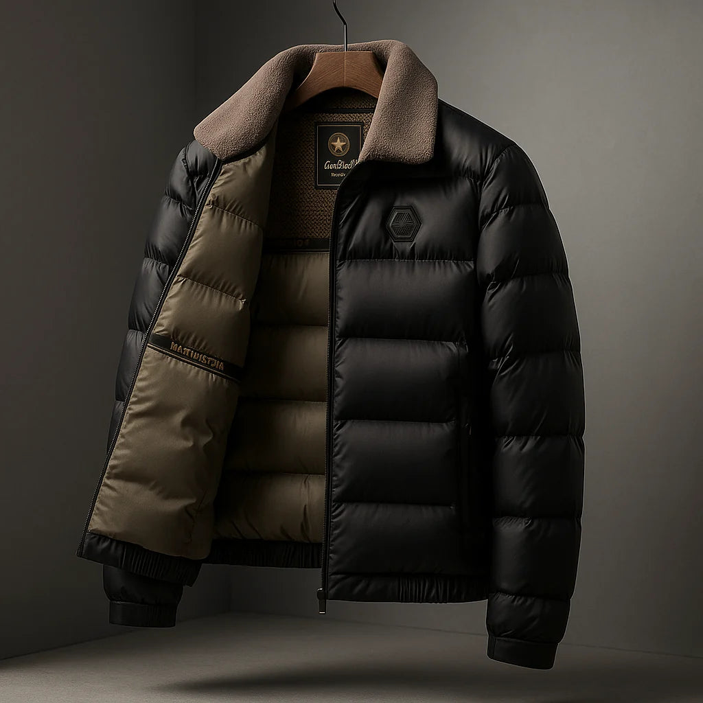 Men's Puffer Jacket with Shearling Collar in Black