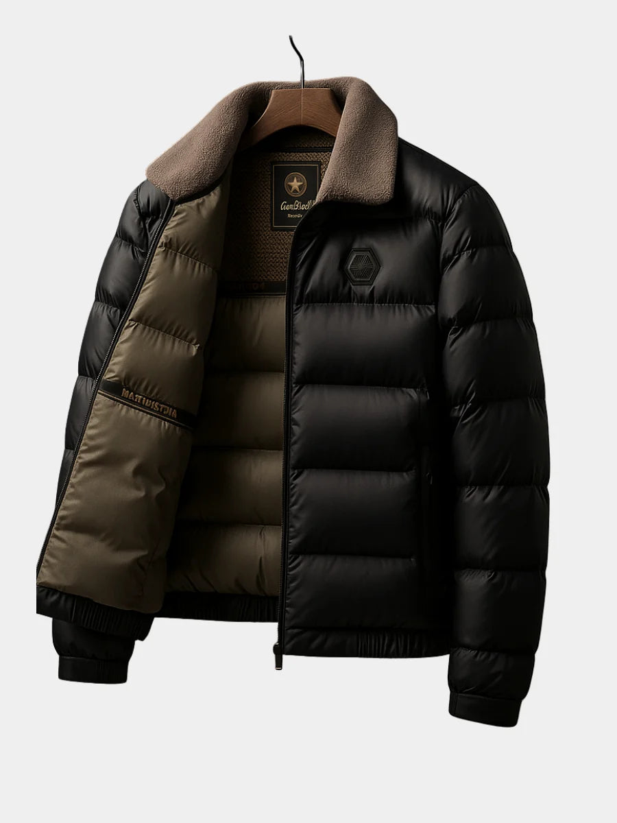 Men's Puffer Jacket with Shearling Collar – Detail View