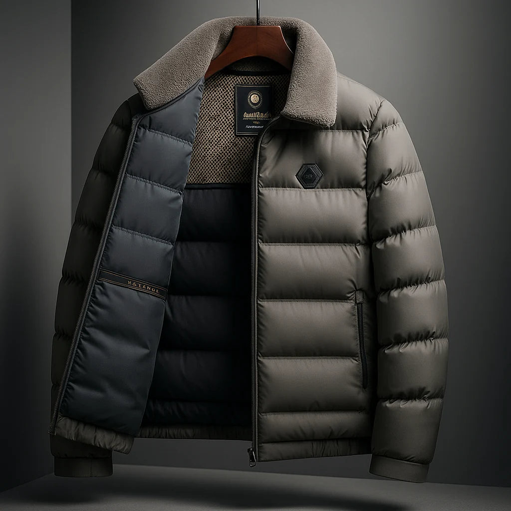 Men's Puffer Jacket with Shearling Collar in Gray