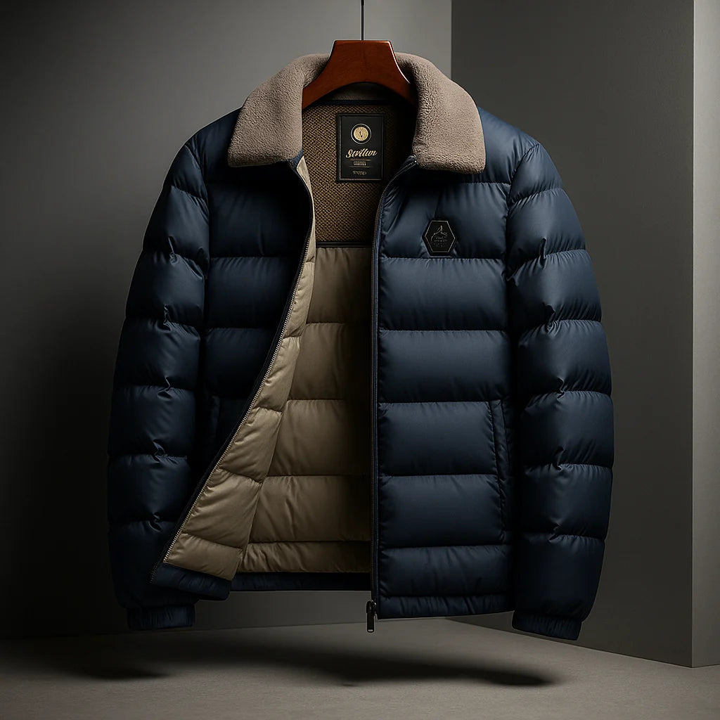 Men's Puffer Jacket with Shearling Collar in Ocean Blue