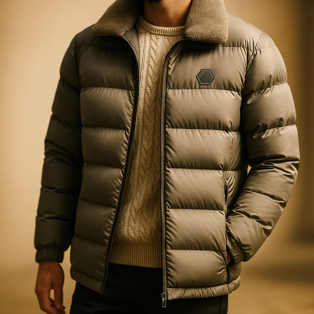 Men's Puffer Jacket with Shearling Collar – Detail View
