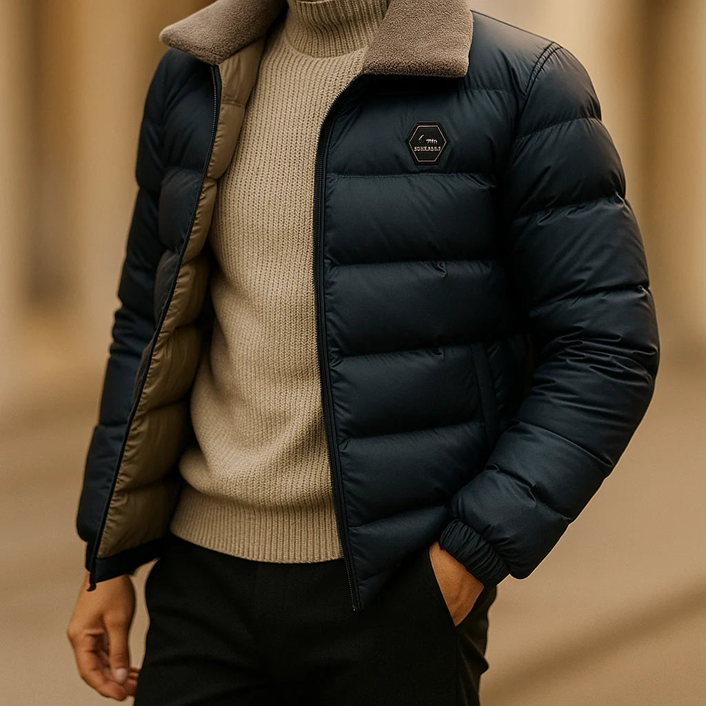 Men's Puffer Jacket with Shearling Collar – Detail View