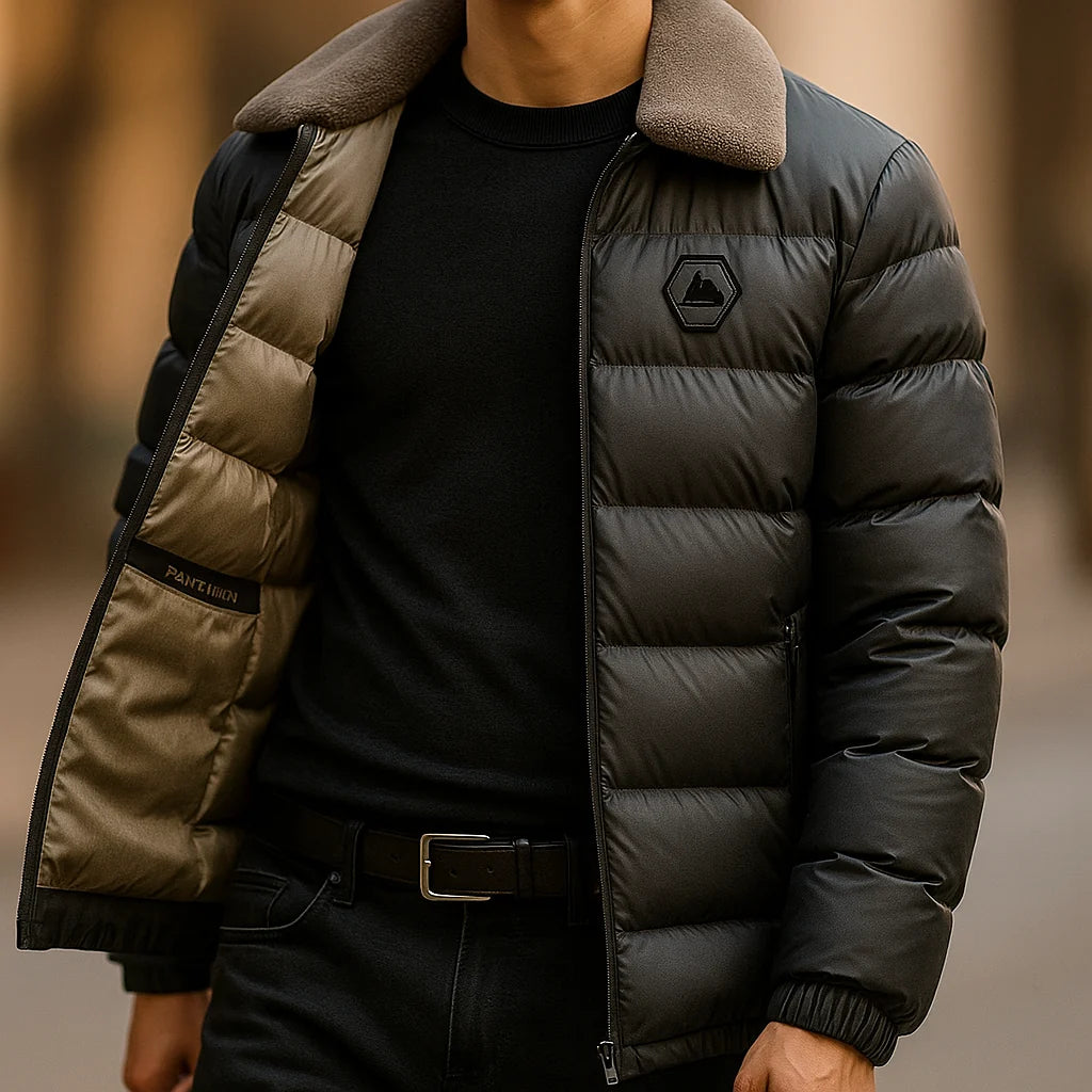 Men's Puffer Jacket with Shearling Collar – Detail View