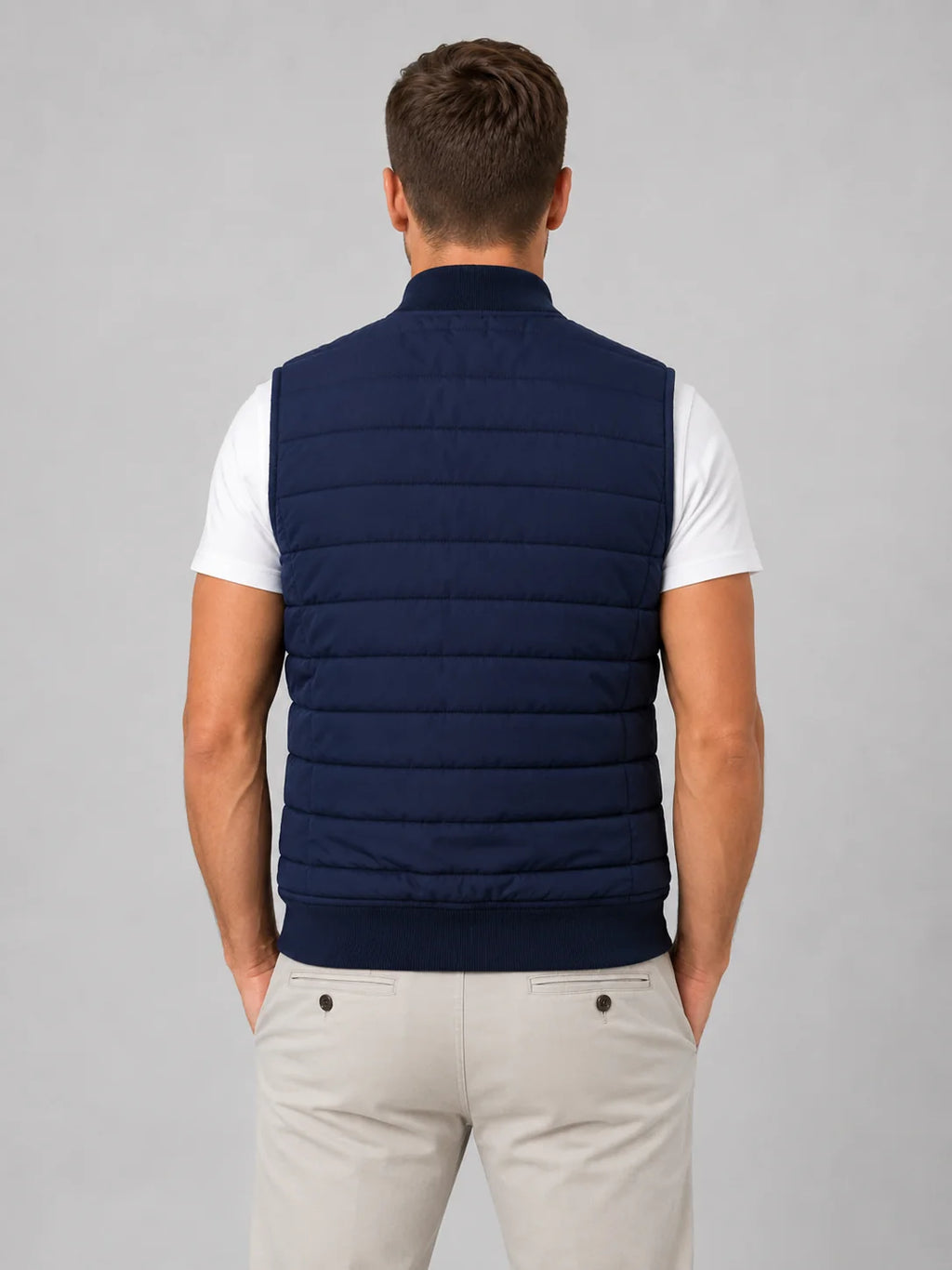 Men's quilted puffer vest in black with full-zip front