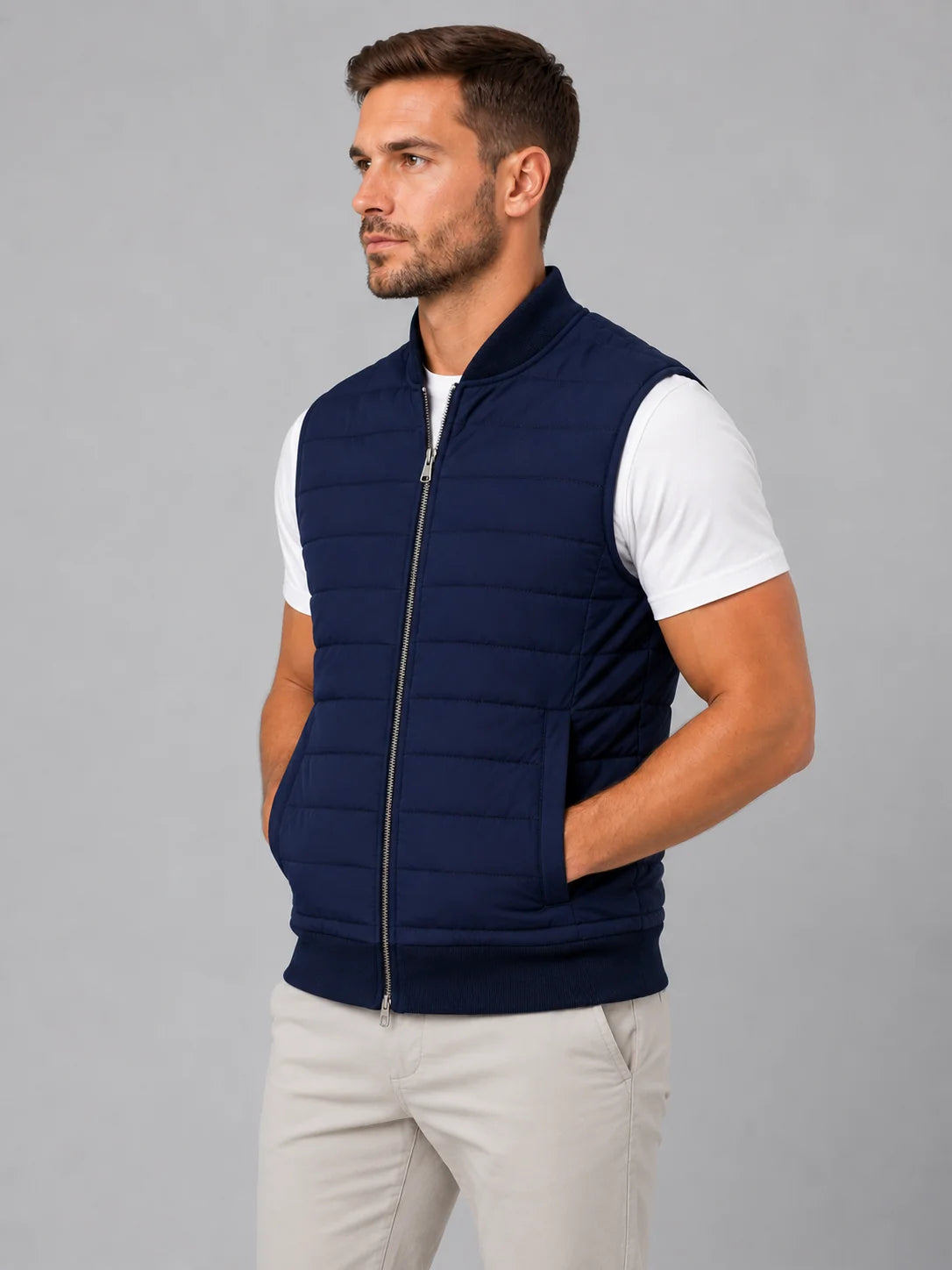 Men's quilted puffer vest in light gray with full-zip front