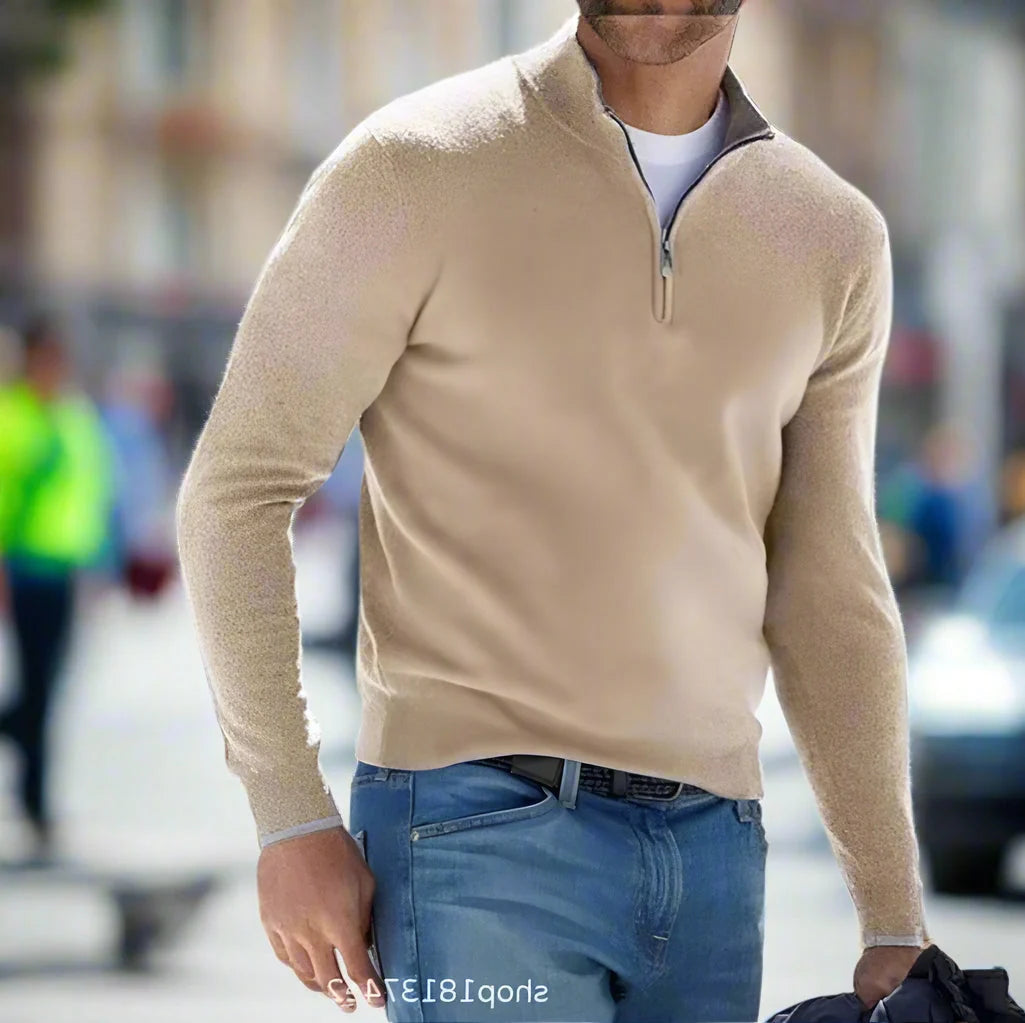 Men's Quarter-Zip Pullover Sweater in Khaki