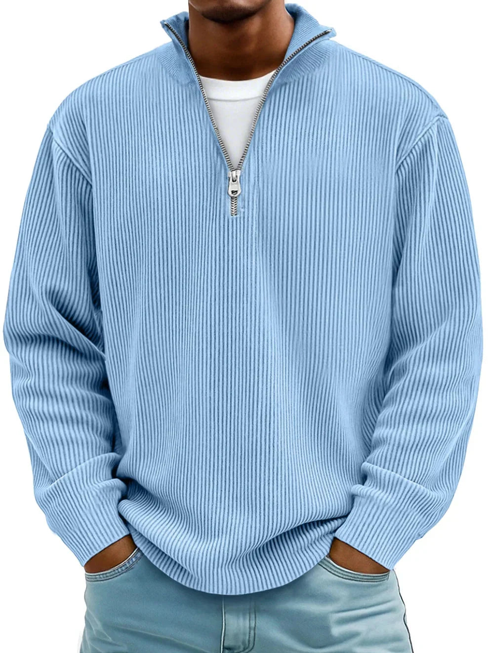 Men's Ribbed Knit Quarter-Zip Sweater in Light Blue