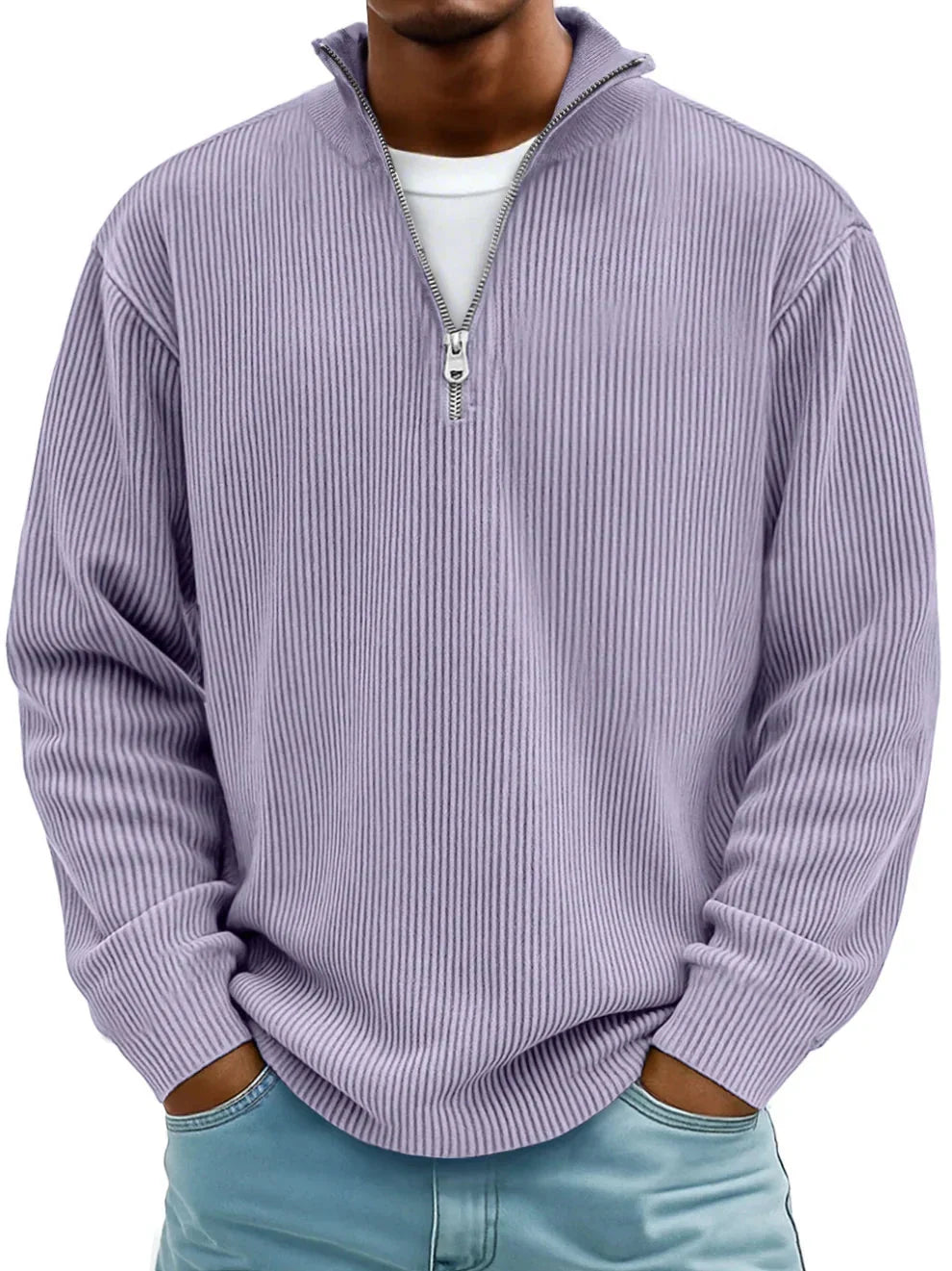Men's Ribbed Knit Quarter-Zip Sweater – Collar Detail