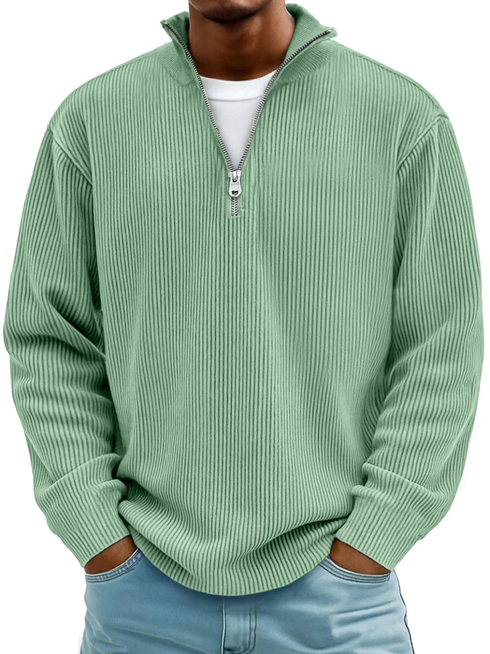 Men's Ribbed Knit Quarter-Zip Sweater in Khaki