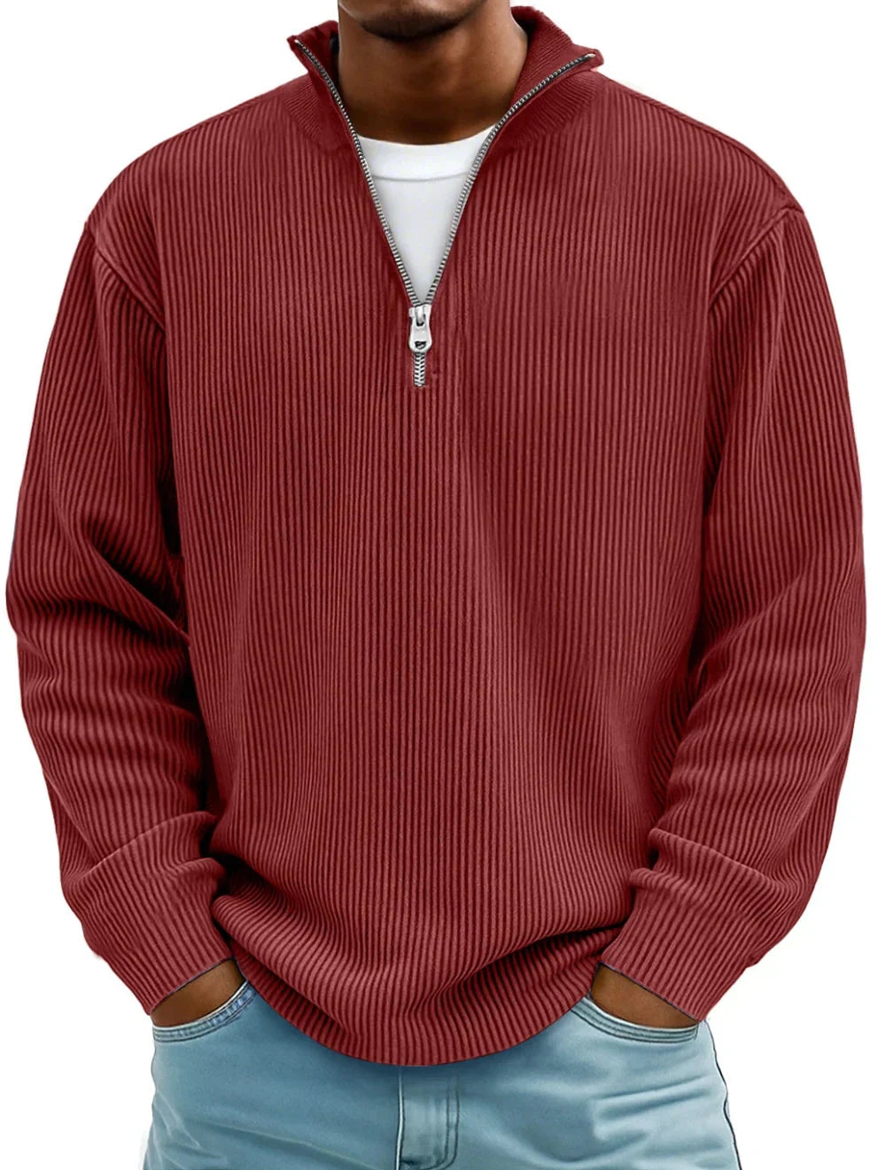 Men's Ribbed Knit Quarter-Zip Sweater in Red