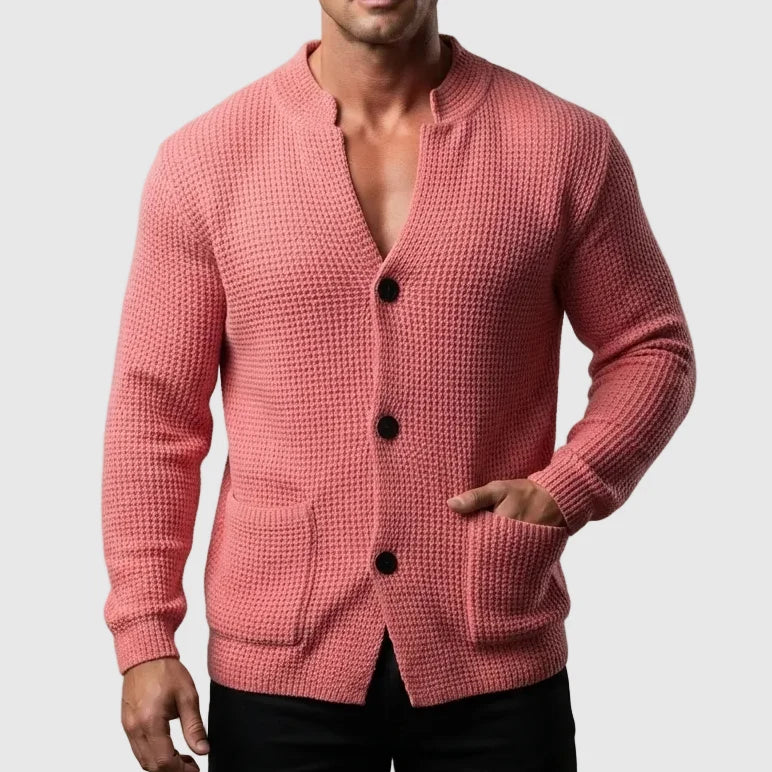 Men's Waffle-Knit Cardigan Sweater – Worn View