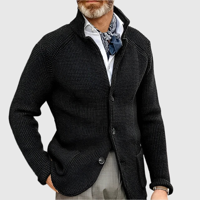 Men's Waffle-Knit Cardigan Sweater with Stand Collar and Button Front 15