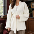 Women's chunky knit open-front cardigan in white with shawl collar