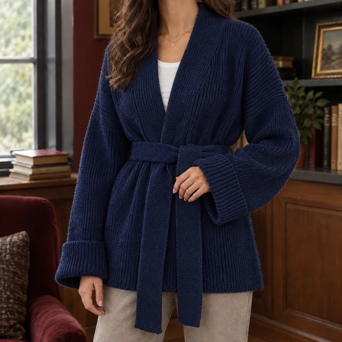 Women's chunky knit open-front cardigan in pink with shawl collar
