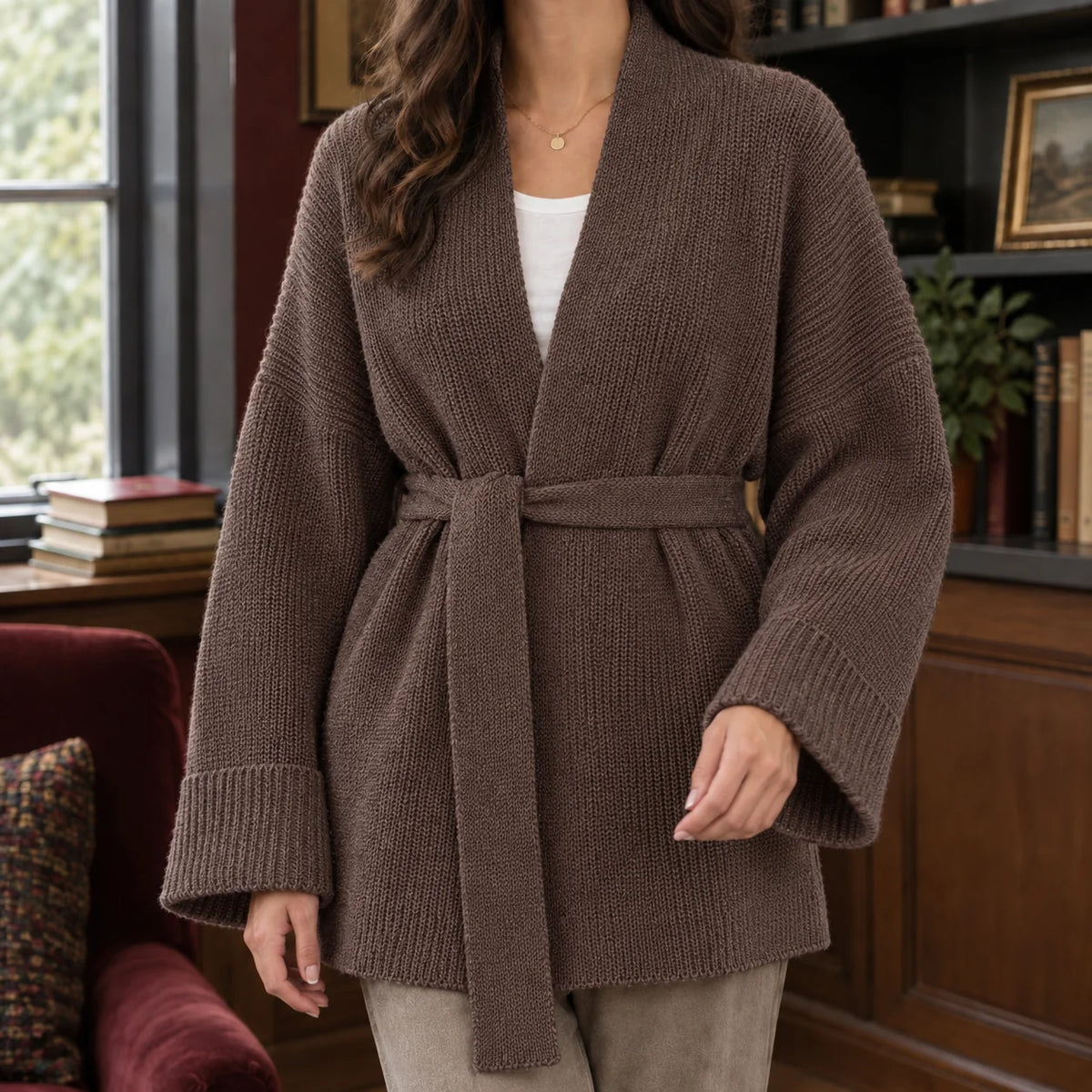 Women's chunky knit open-front cardigan in black with shawl collar