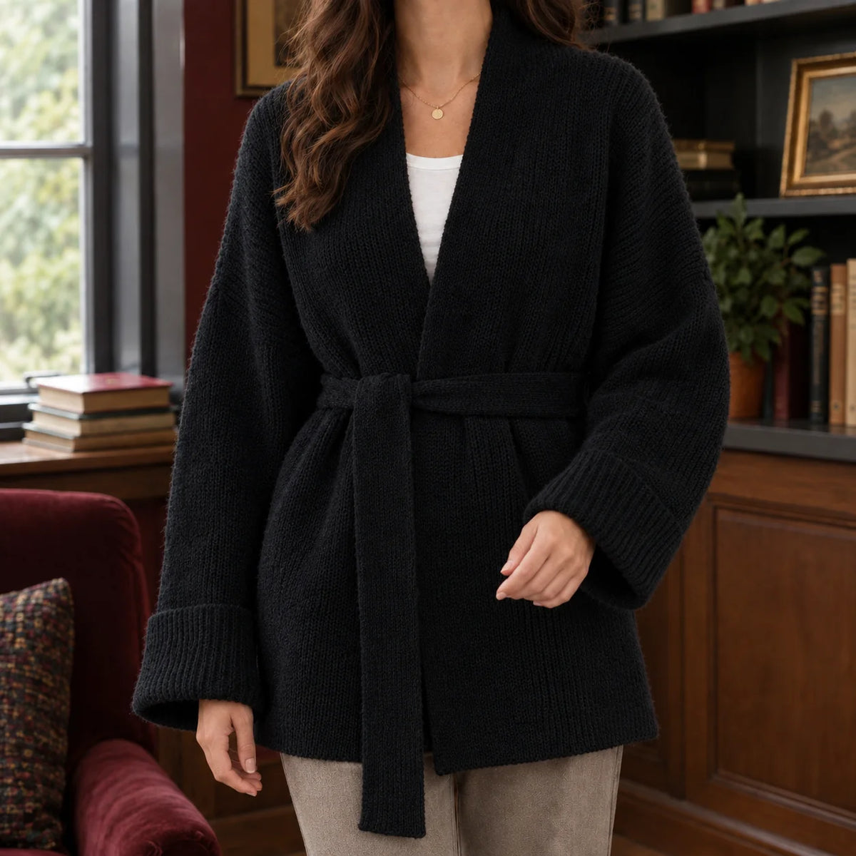 Women's chunky knit open-front cardigan in red with shawl collar