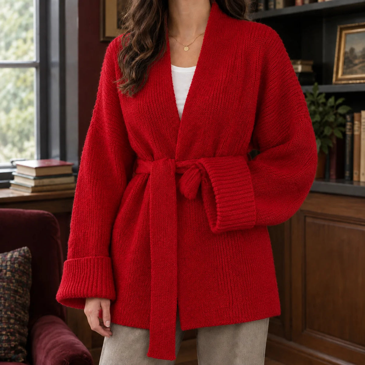 Close-up of the shawl collar and belt tie on the women's chunky knit cardigan