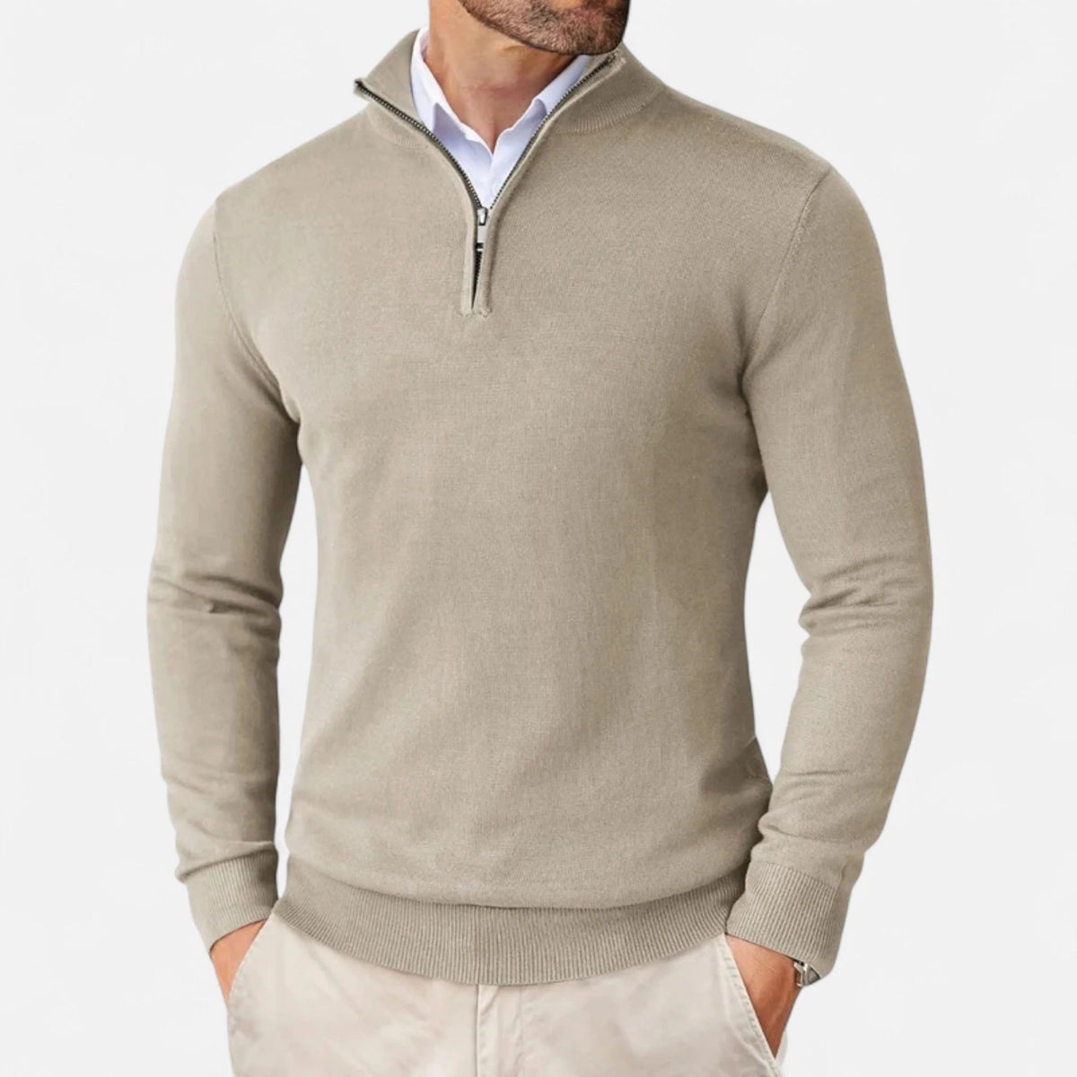 Men's Mock Neck Quarter-Zip Sweater in Beige