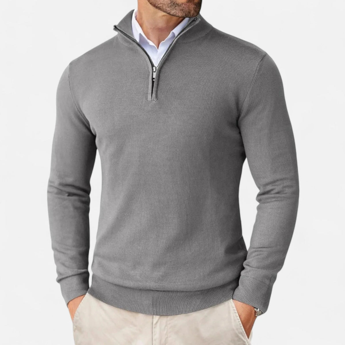 Men's Mock Neck Quarter-Zip Sweater in Light Gray