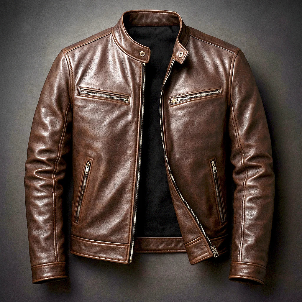 Men's Distressed Leather Moto Jacket in Brown