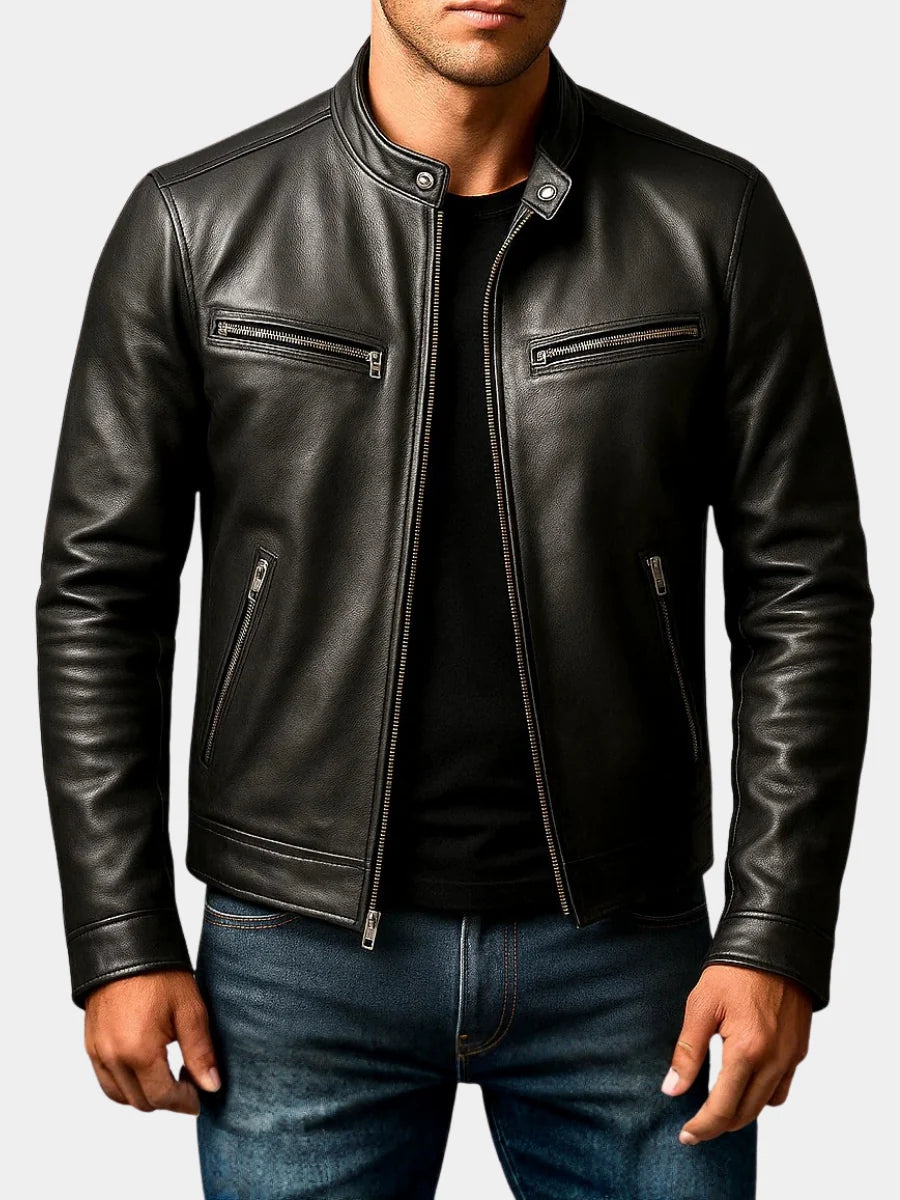 Men's Distressed Leather Moto Jacket in Black