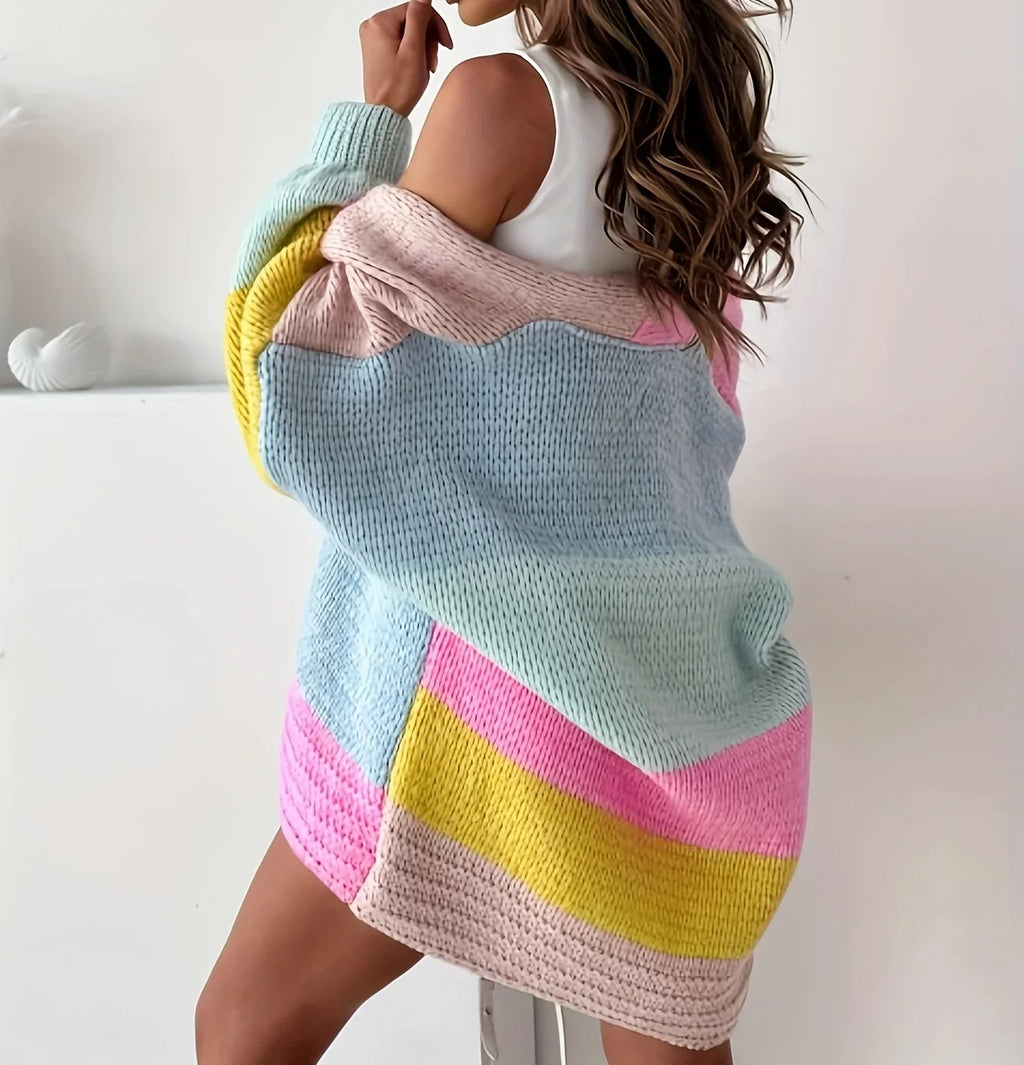 Women's oversized colorblock knit cardigan, front view