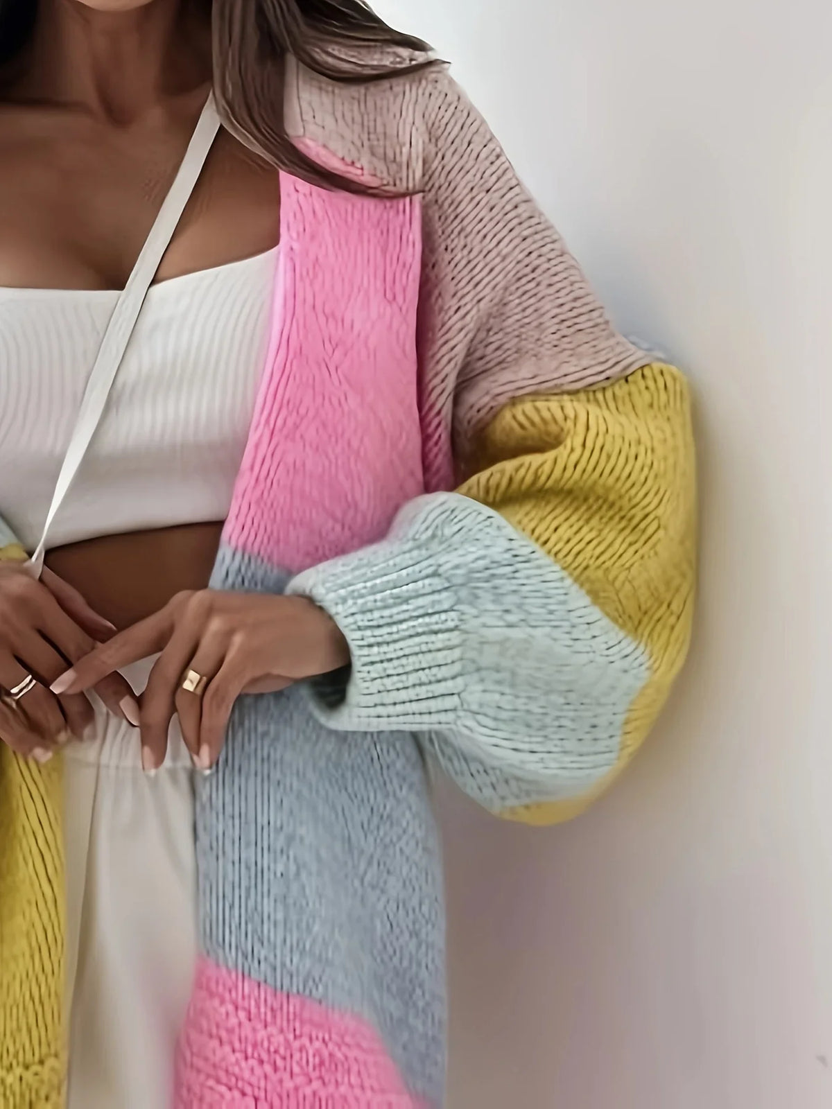 Women's oversized colorblock knit cardigan, back view