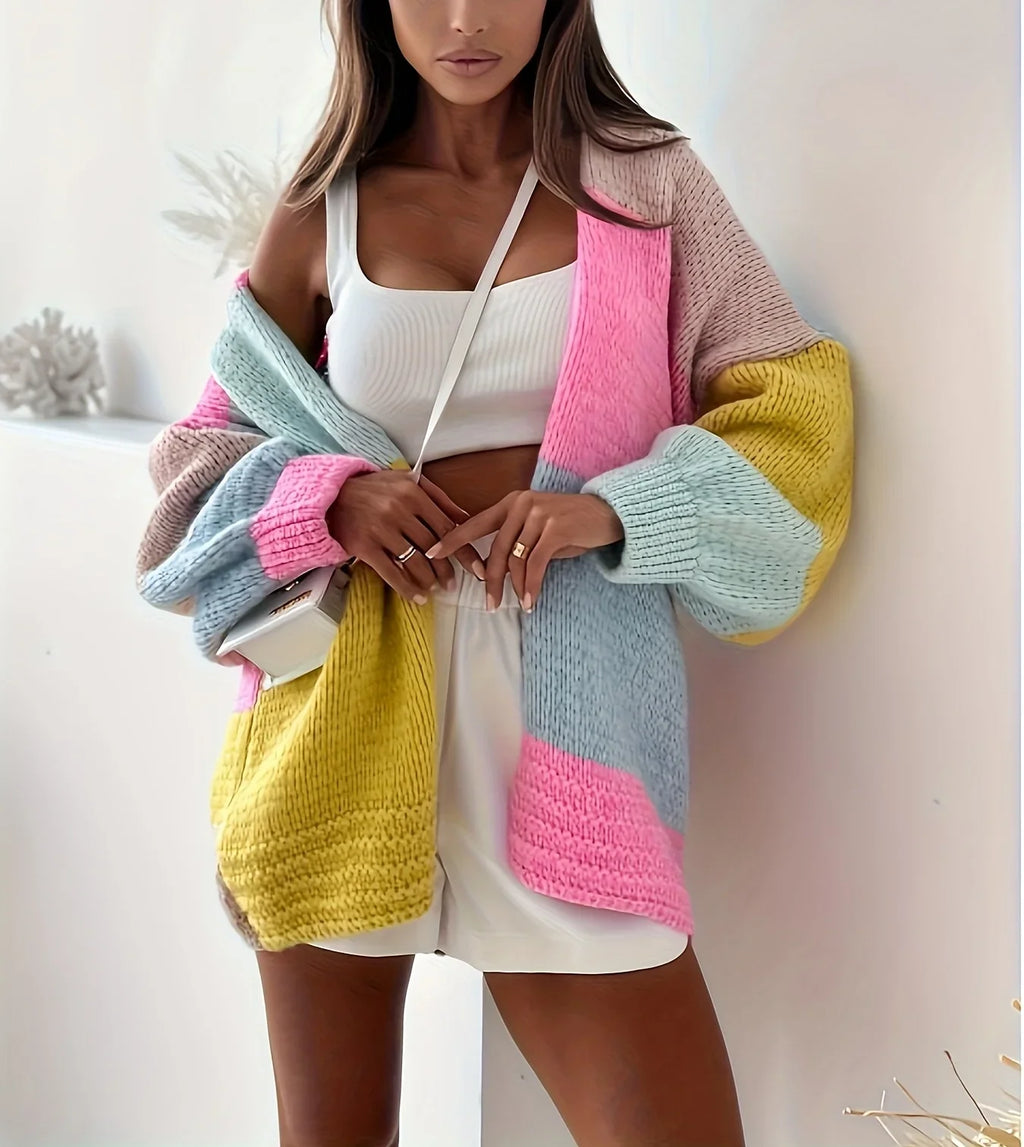 Women's oversized knit cardigan in colorblock pattern