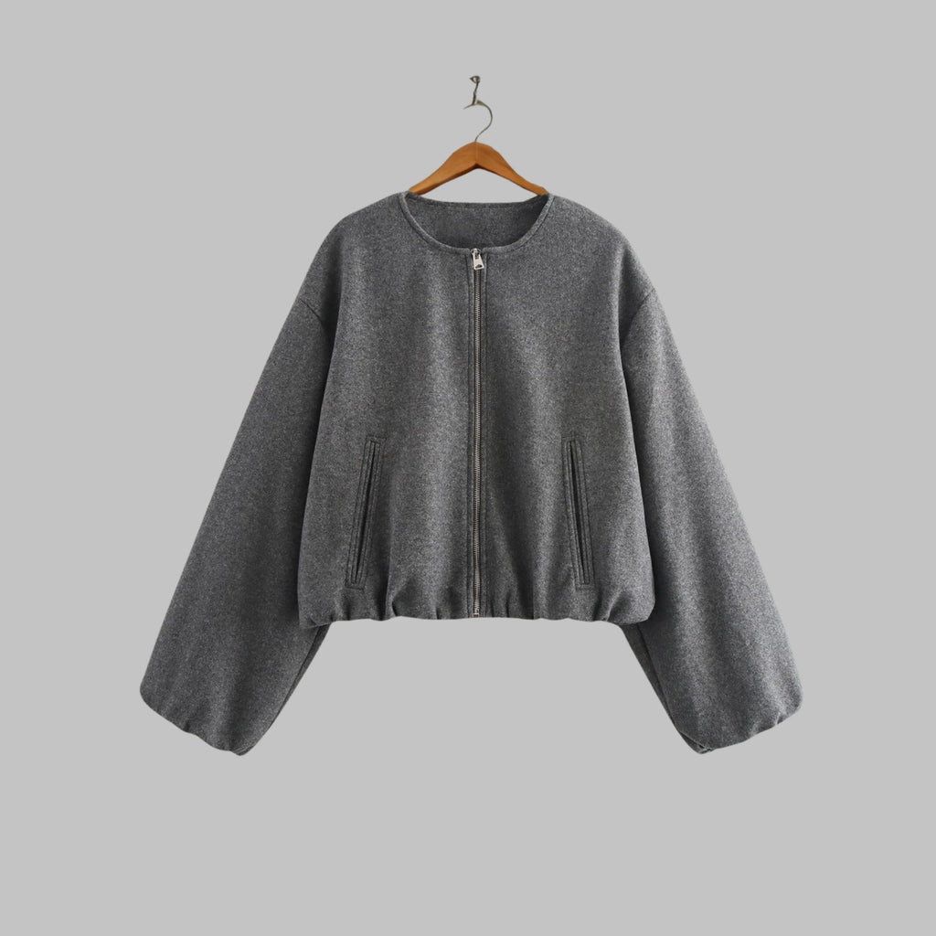 Women's collarless cropped jacket in gray with balloon sleeves