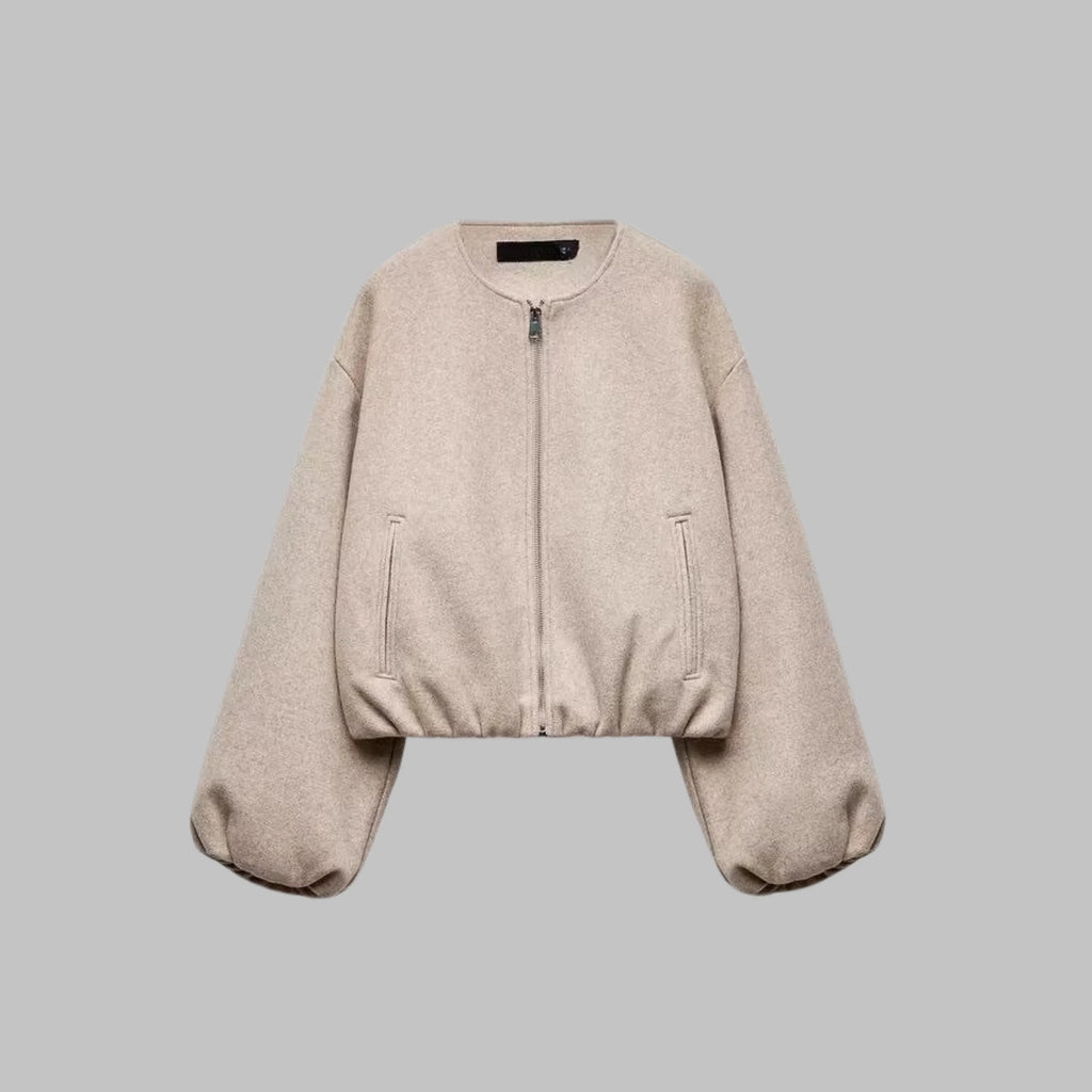 Women's collarless cropped jacket in khaki with balloon sleeves