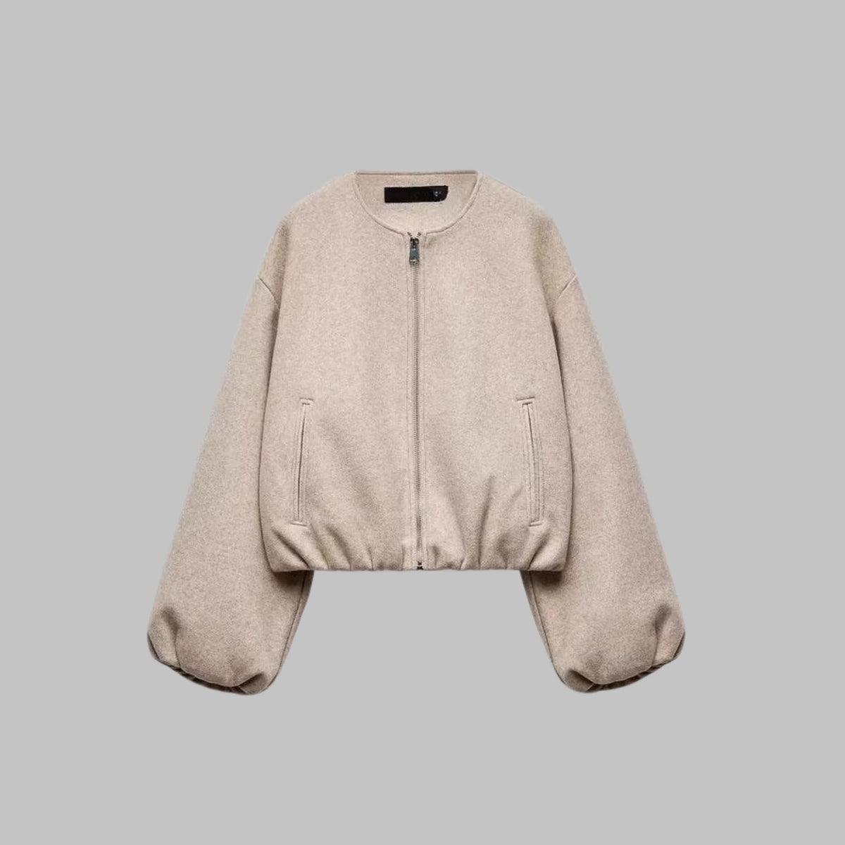 Women's collarless cropped jacket in khaki with balloon sleeves
