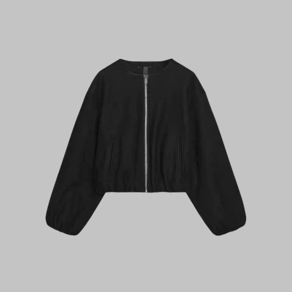Women's collarless cropped jacket in black with balloon sleeves
