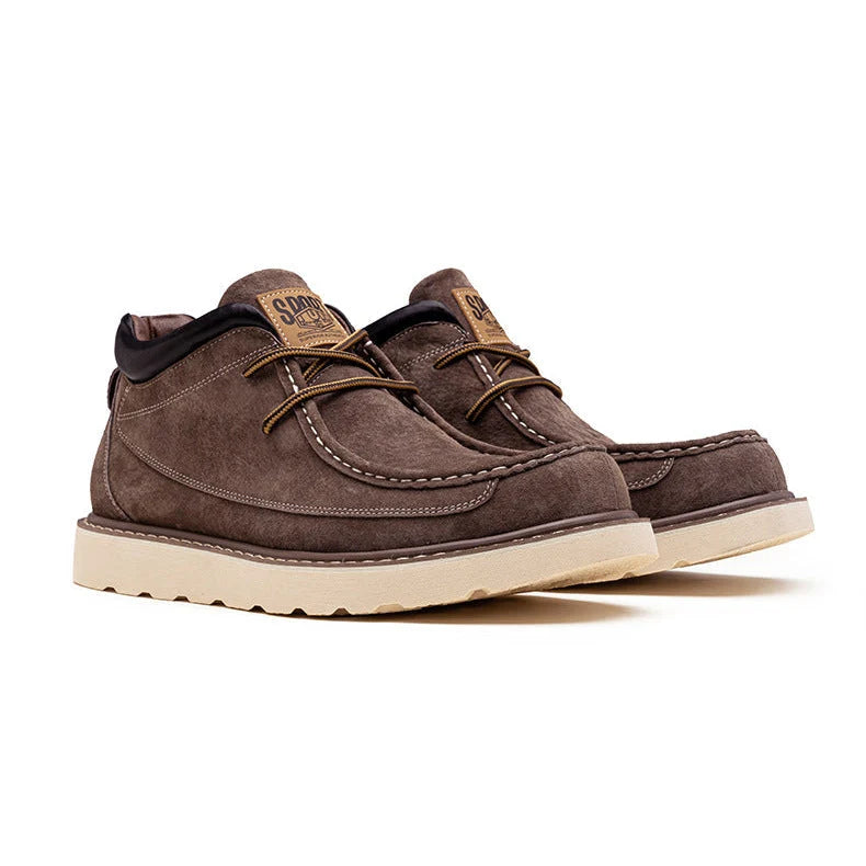 Men's Suede Moc Toe Boots – Worn View