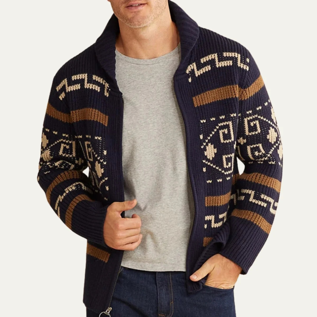 Men's Zip-Up Southwestern Cardigan – Collar Detail
