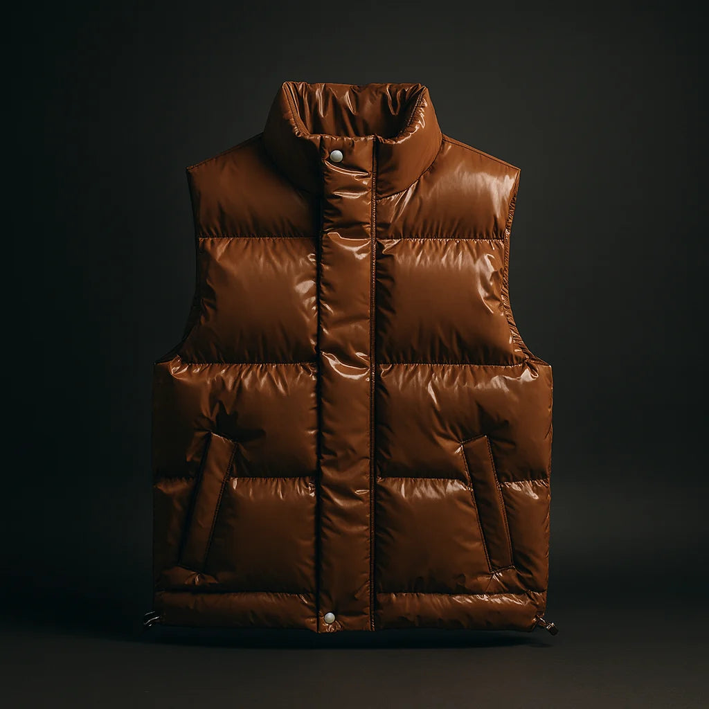 Brown quilted puffer vest with stand collar