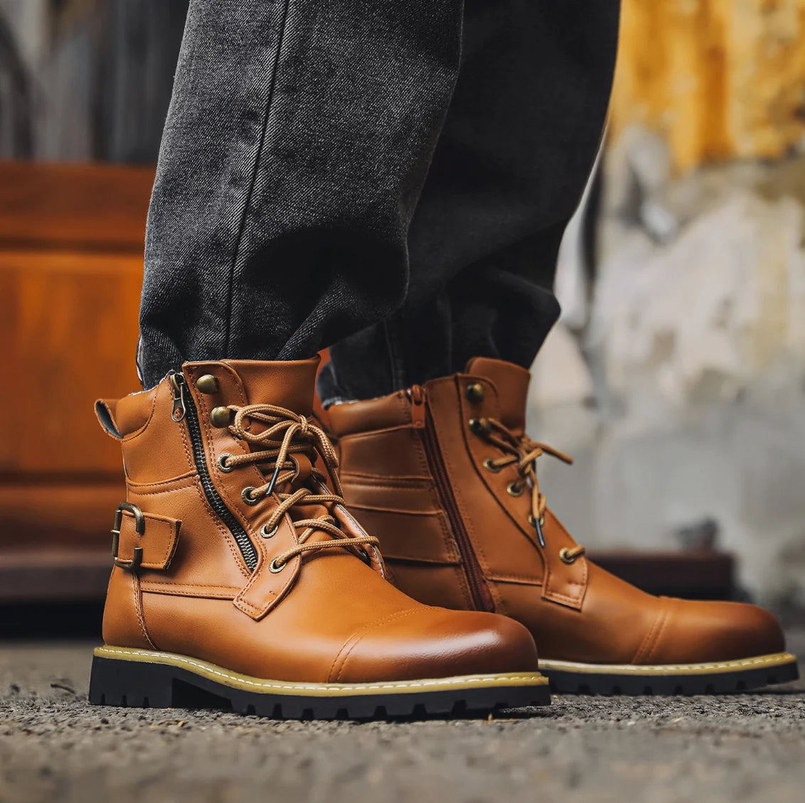 Men's Leather Combat Boots in Light Brown