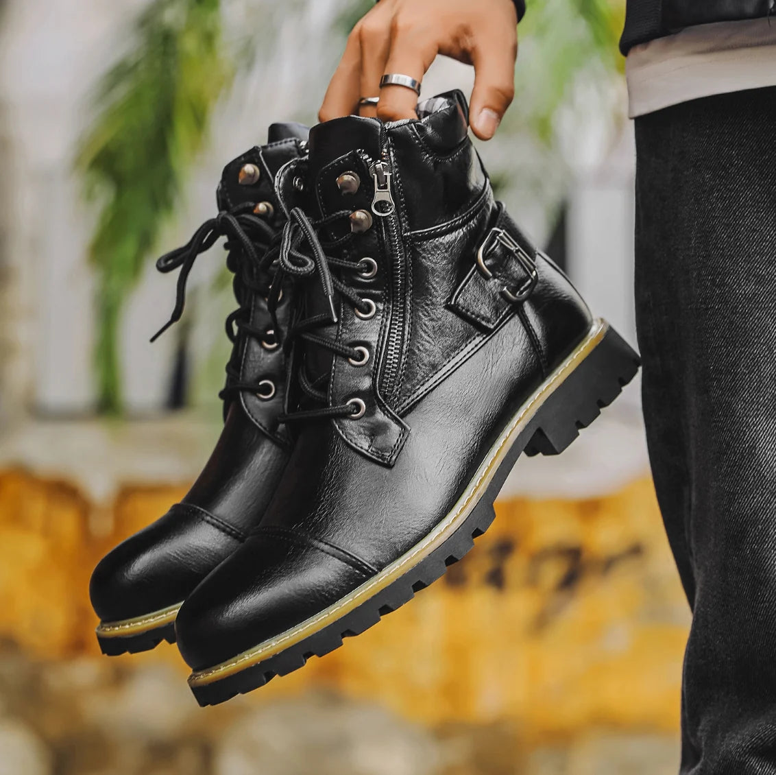 Men's Leather Combat Boots in Black
