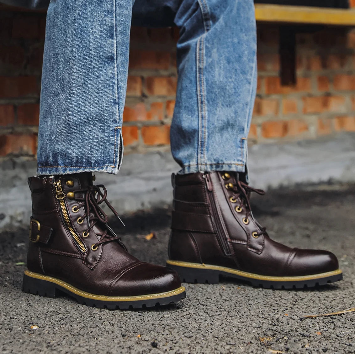 Men's Leather Combat Boots in Dark Brown