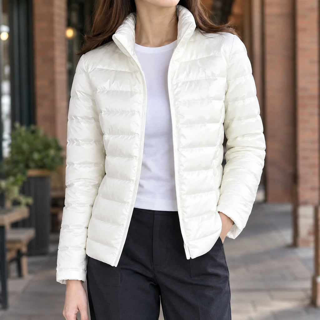 Women's lightweight puffer jacket in white with stand collar