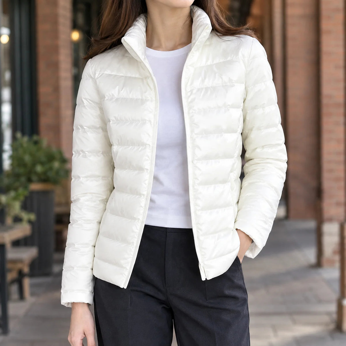 Women's lightweight puffer jacket in white with stand collar
