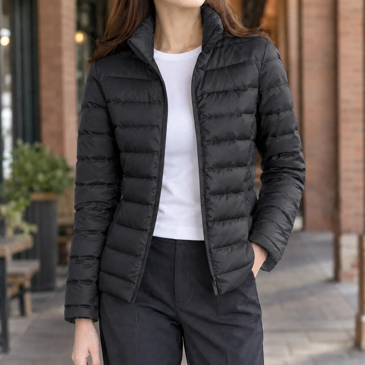 Women's lightweight puffer jacket in red with stand collar