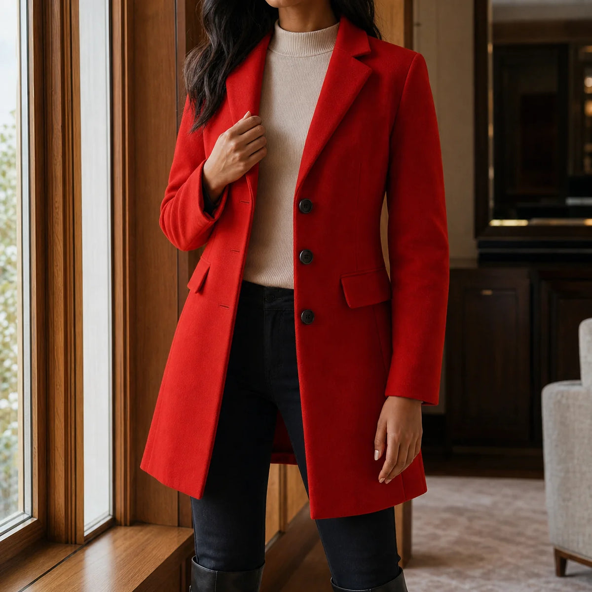 Women's wool blend fit-and-flare coat in red