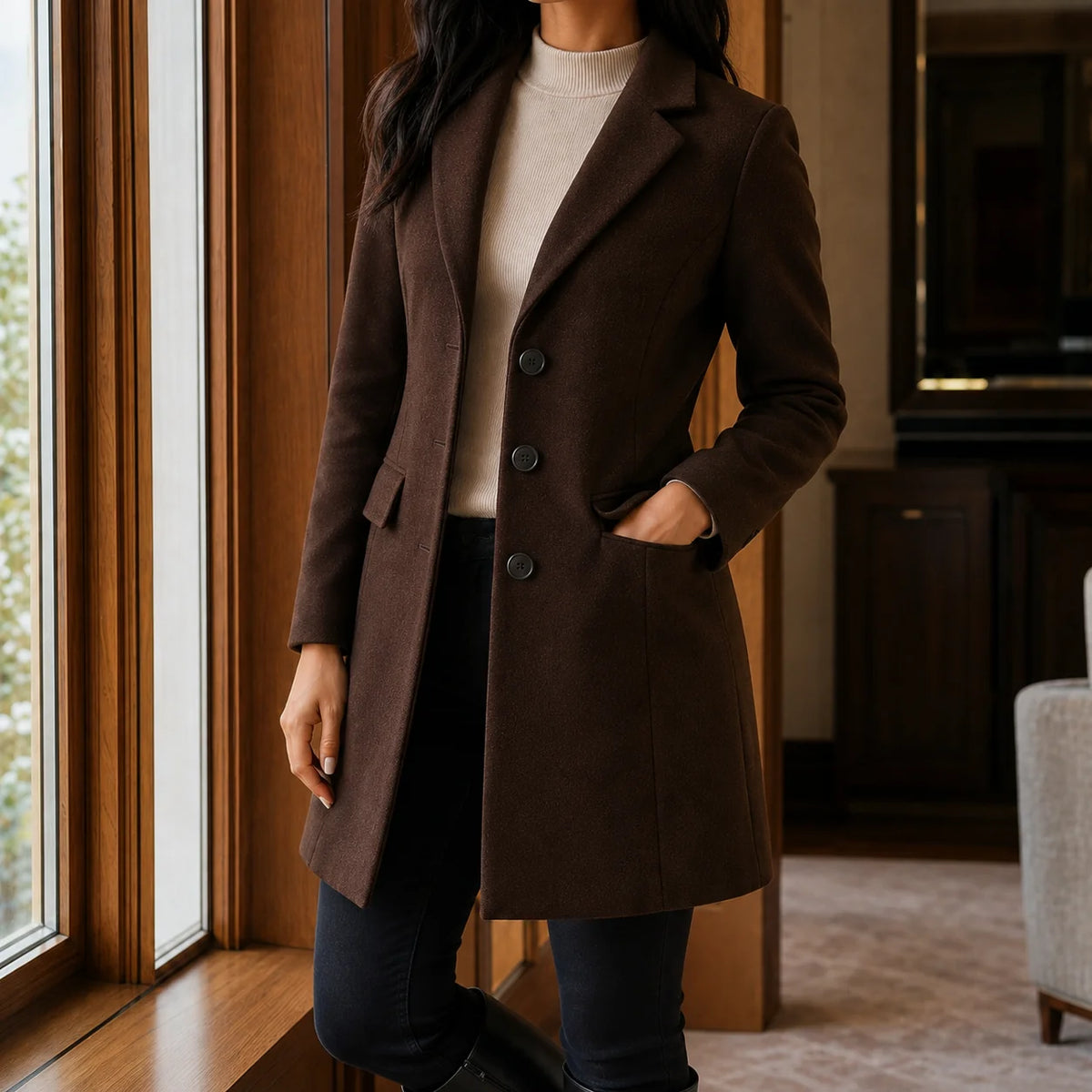 Women's wool blend fit-and-flare coat in dark brown