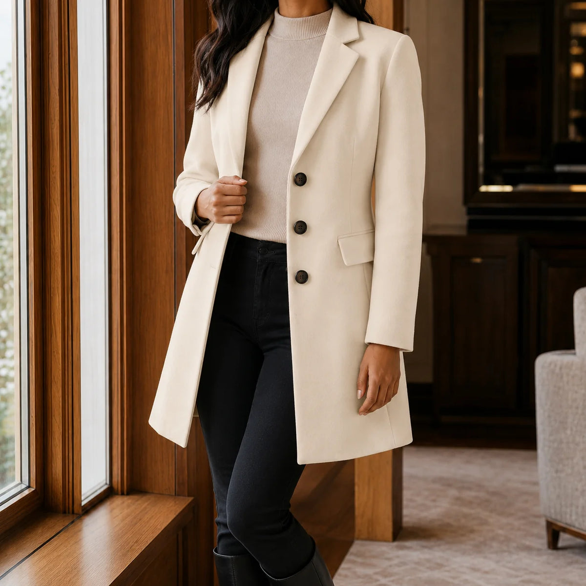 Close-up of the notch lapel on the women's wool coat